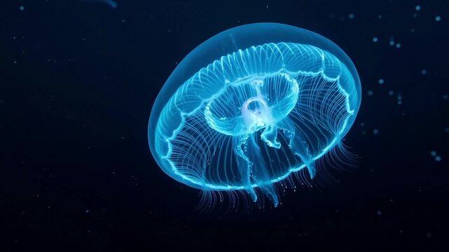Glowing blue bioluminescent jellyfish swimming gracefully in deep dark ocean water with floating micro particles