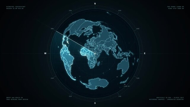 Azimuthal world map globe with a rotating radar sweep centered on Africa and Europe