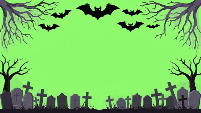 Spooky Halloween border frame animation with flying bats, creepy leafless trees and gravestones against green screen background for video overlay compositing