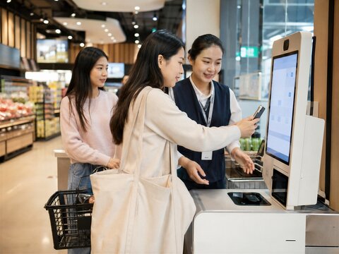Customer Using Self Checkout with Assistance from Retail Employee in Modern Supermarket