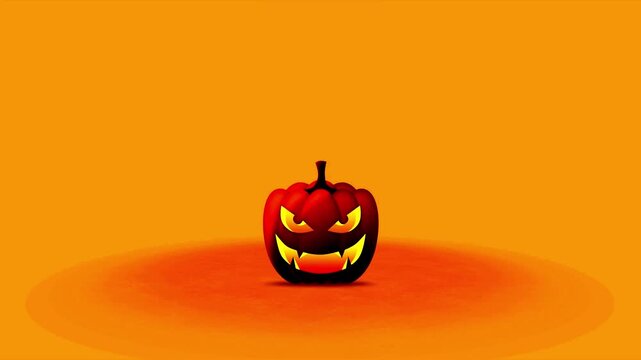 Glowing pumpkin with scary sharp teeth and illuminated face centered on orange background.