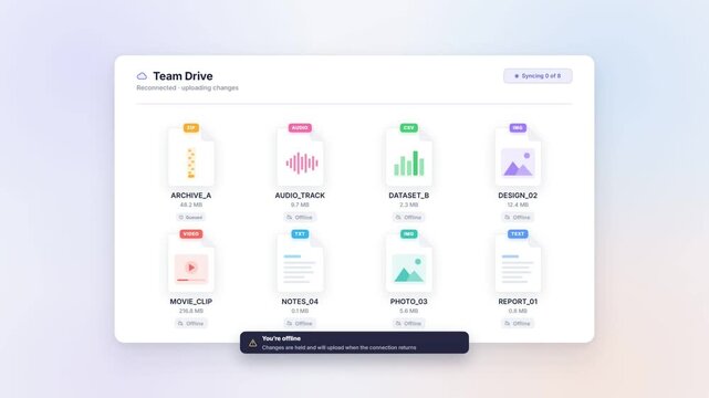 Cloud drive syncing files after going offline and reconnecting with upload progress badges