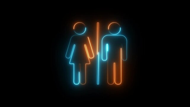 Neon Toilet Restroom WC Sign Vector Icon &ndash; Male Female Bathroom Symbol in Outline and Filled Style on black background motion concept.