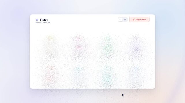 Trash folder emptying as deleted files disintegrate into particles in a file manager