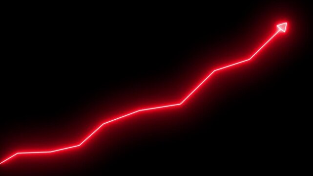 Glowing neon line market Recovery Concept. Successful growth trend red line graph going Up. Abstract neon line arrow business graph on 4k motion video black background animation   