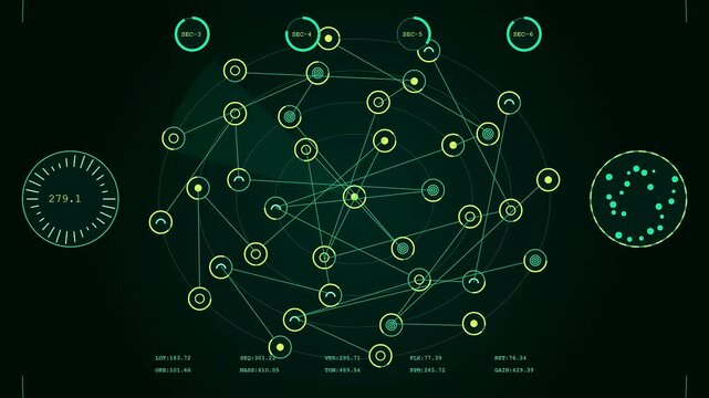 Innovative carbon credits data visualization displays green circular nodes connected by linear vectors on a dark monitor screen mimicking advanced complex global network digital mapping systems