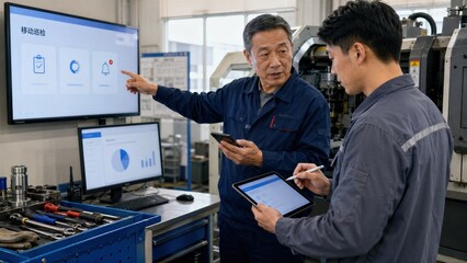 Fototapeta premium Factory workers using tablet for mobile inspection in industrial workshop
