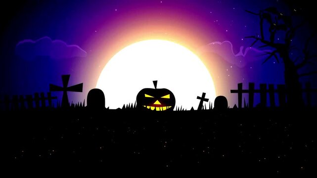 Night graveyard silhouette with a glowing jack o lantern and bats flying around a full moon.