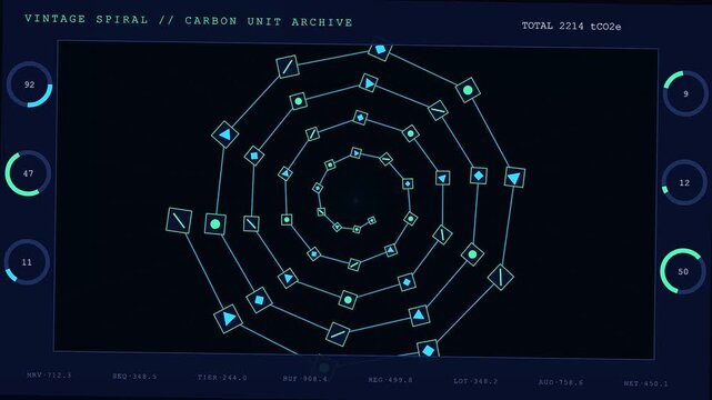 Monitoring carbon credits progress on a digital interface featuring an evolving geometric spiral pattern that tracks data points across multiple stages of a complex analytical system