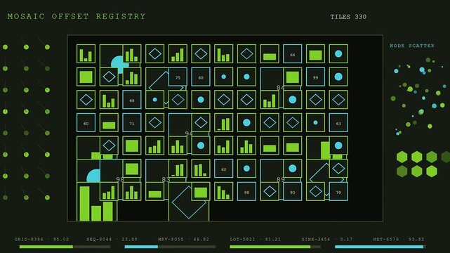 Digital carbon credits tracking interface displaying complex mosaic node data systems with multiple glowing green geometric charts and statistical information panels on a dark monitor screen