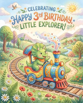 Baby dinosaur riding colorful train for third birthday adventure