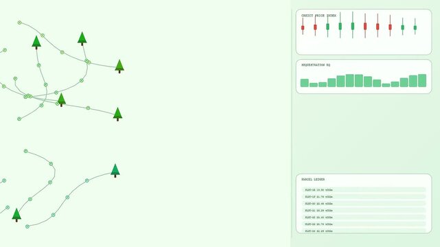 A digital representation of carbon credits displays fluctuating market indices and tree growth tracking nodes across a light green dashboard interface for financial environment analysis