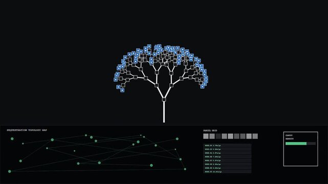 Monitoring carbon credits progress through a digital tree growing in a dark virtual interface displaying live environmental data nodes and analytics for sustainable business climate solutions