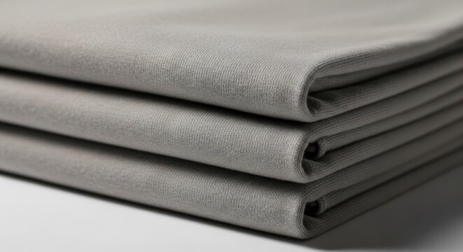 Stacked folded gray fabrics closeup shot on white surface