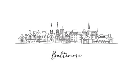 Obraz premium Minimalist black and white line art illustration of Baltimore city skyline with historic buildings and landmarks in a modern
