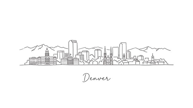 Minimalist Black and White Skyline Illustration of Denver Cityscape with Iconic Landmarks and Mountain View