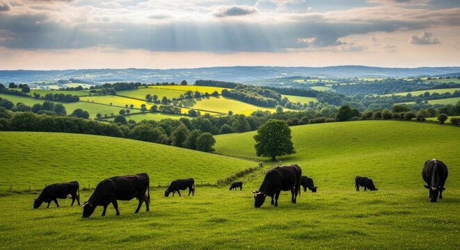 Cows graze in a lush, green pasture on a sunny day with rolling hills