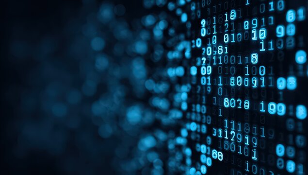 Abstract Digital Display Of Binary Code With Blue Pixelated Background