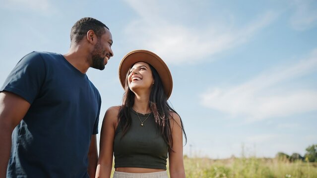Couple smiles warmly while walking together across a sunny meadow.