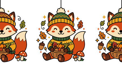 Fototapeta premium Cute Cartoon Fox Wearing a Hat and Sweater Holding a Basket of Pumpkins Isolated