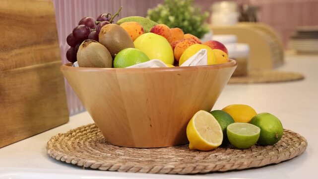 Various fresh fruits in bowl on table indoors, closeup. Camera spinning