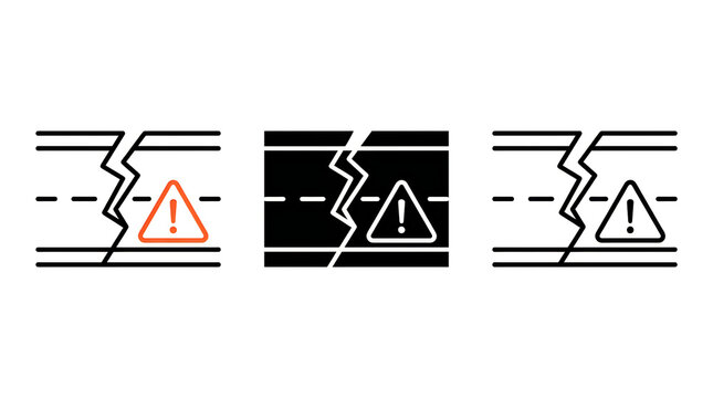 Road crack warning sign icons set