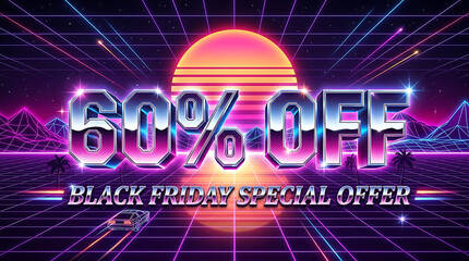 Naklejka premium Sale discount retro synthwave background for sixty percent off black friday offer