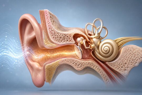 Human ear and hearing anatomy 3D cutaway