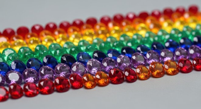 Colorful gemstones arranged in a rainbow spectrum, full frame view