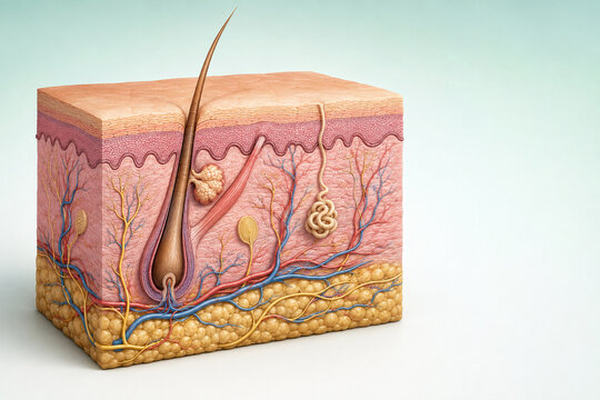 Human skin anatomy cross section 3D illustration