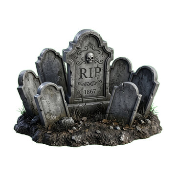Weathered stone tombstones featuring detailed skull carvings and antique grave markers arranged in a circular formation atop dry earth mounds showcased on transparent background