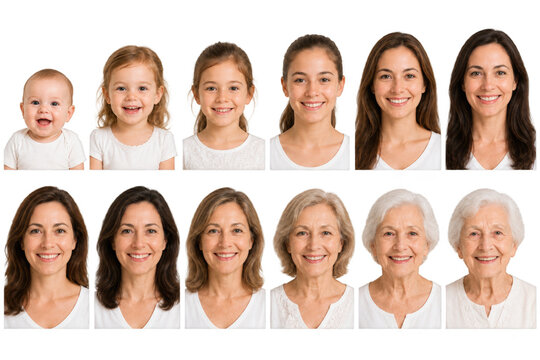 The Cycle of Life: A series of portraits showcase a woman's life journey from infancy through old age, each stage marked by a smile and evolving beauty.
