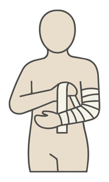 Minimalist figure gently wrapping a medical bandage around a forearm on a clean white background. First aid and self care concept