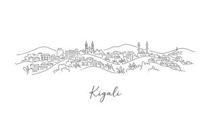 Fototapeta premium Minimalist Line Drawing of Kigali Cityscape with Prominent Landmarks and Natural Landscape Elements in a Clean and Elegant Design