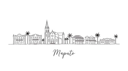 Obraz premium Minimalistic Line Drawing of Maputo City Skyline Featuring Historic and Modern Structures with Palm Trees