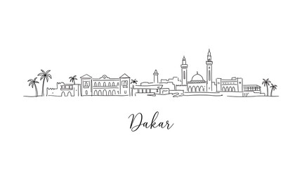 Obraz premium Minimalist Line Art Illustration of Dakar City Skyline Featuring Iconic Architectural Structures and Palm Trees