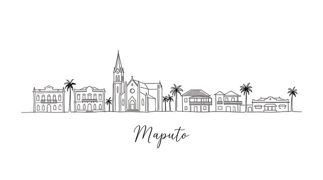Minimalistic Line Drawing of Maputo City Skyline Featuring Historic and Modern Structures with Palm Trees