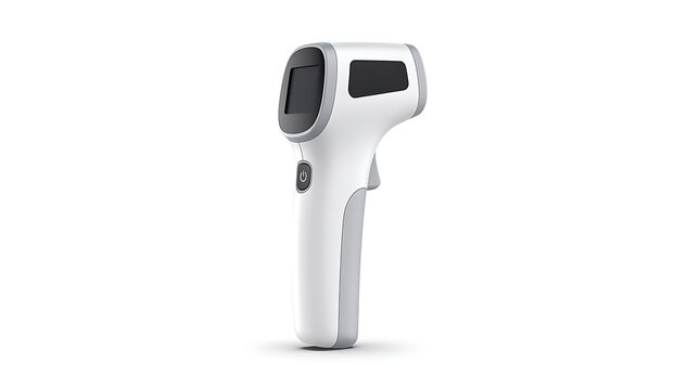 A modern infrared non-contact thermometer stands against a clean white background.