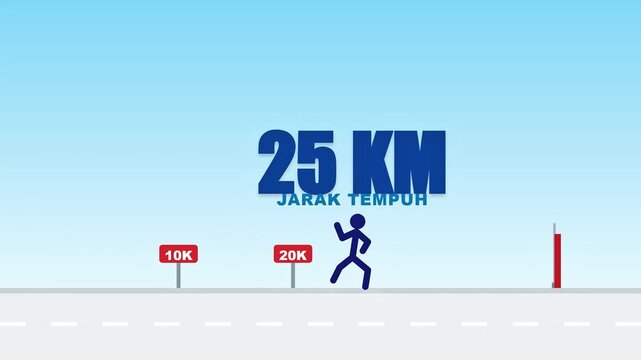 Minimalist animation of a blue stick figure running a marathon distance from start to finish with distance markers