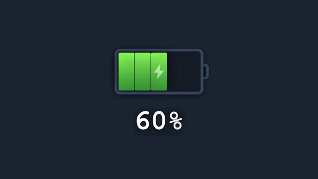 Minimalist battery icon charging from zero to one hundred percent with green progress bars and checkmark