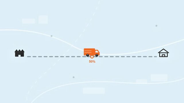 Orange delivery truck moving from warehouse to house with percentage progress tracking on minimalist blue background
