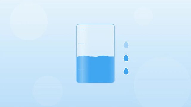 Minimalist flat design animation of a water tracking app interface filling to reach a daily hydration goal with a green check mark