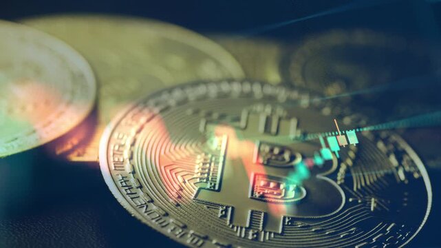 A dynamic timelapse video featuring fast moving stock market candlestick bars blended with golden bitcoin coins, representing cryptocurrency trading, digital assets, and market volatility.