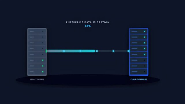 Digital data transfer from legacy server to cloud enterprise platform with loading progress indicator