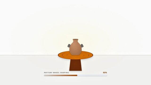 Minimalist vector animation of clay being shaped into a ceramic vase on a spinning pottery wheel with a progress bar