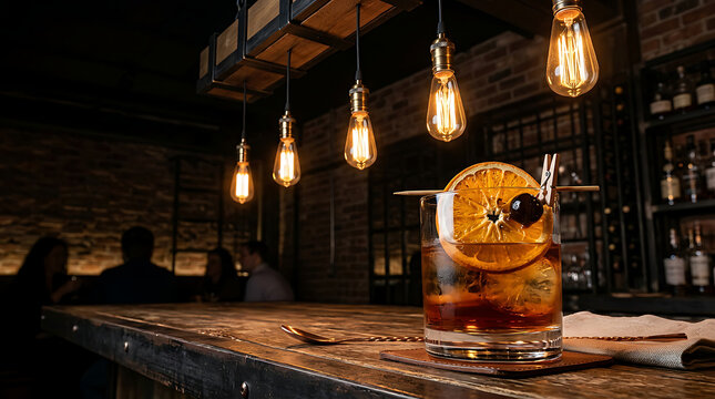 Classic Cocktail with Orange Slice on Bar Counter 1.