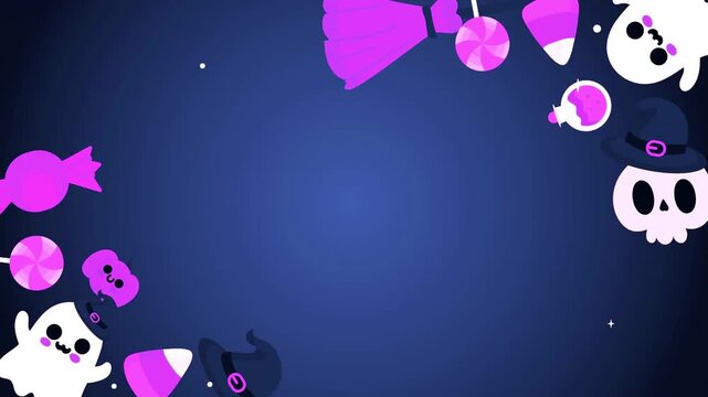 Cute halloween frame animation with ghosts candy and skull on dark purple background.