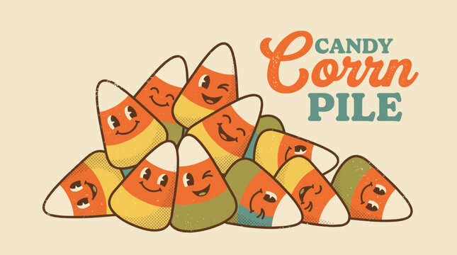 Playful candy corn pile in retro vintage style for print and web use
