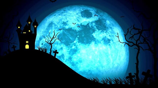 Spooky castle silhouette on a hill with a giant blue full moon background during Halloween night.
