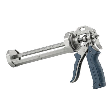 Manual caulking gun with a silver metal frame and a blue ergonomic handle, construction tool for sealant application on white background isolated on a transparent background